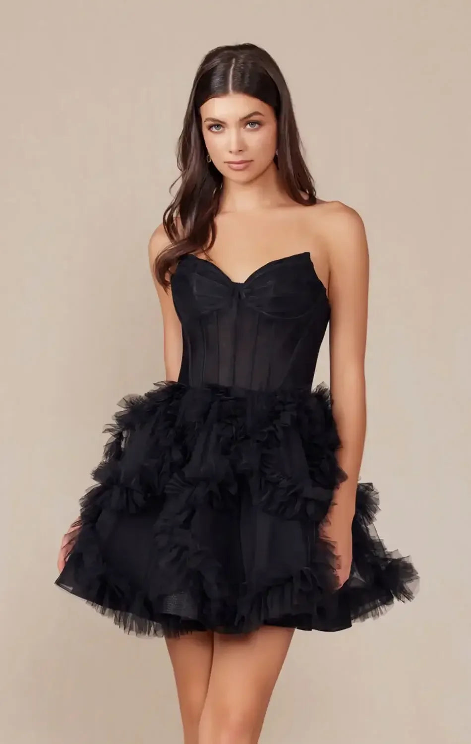 YVONNE RUFFLE SKIRT MINI DRESS - BLACK
