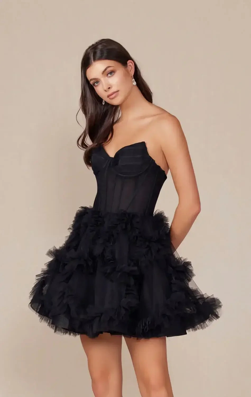 YVONNE RUFFLE SKIRT MINI DRESS - BLACK