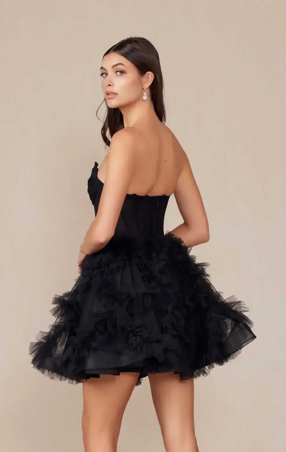 YVONNE RUFFLE SKIRT MINI DRESS - BLACK