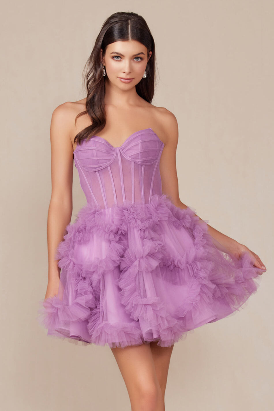 YVONNE RUFFLE SKIRT MINI DRESS - DUSTY LAVENDER