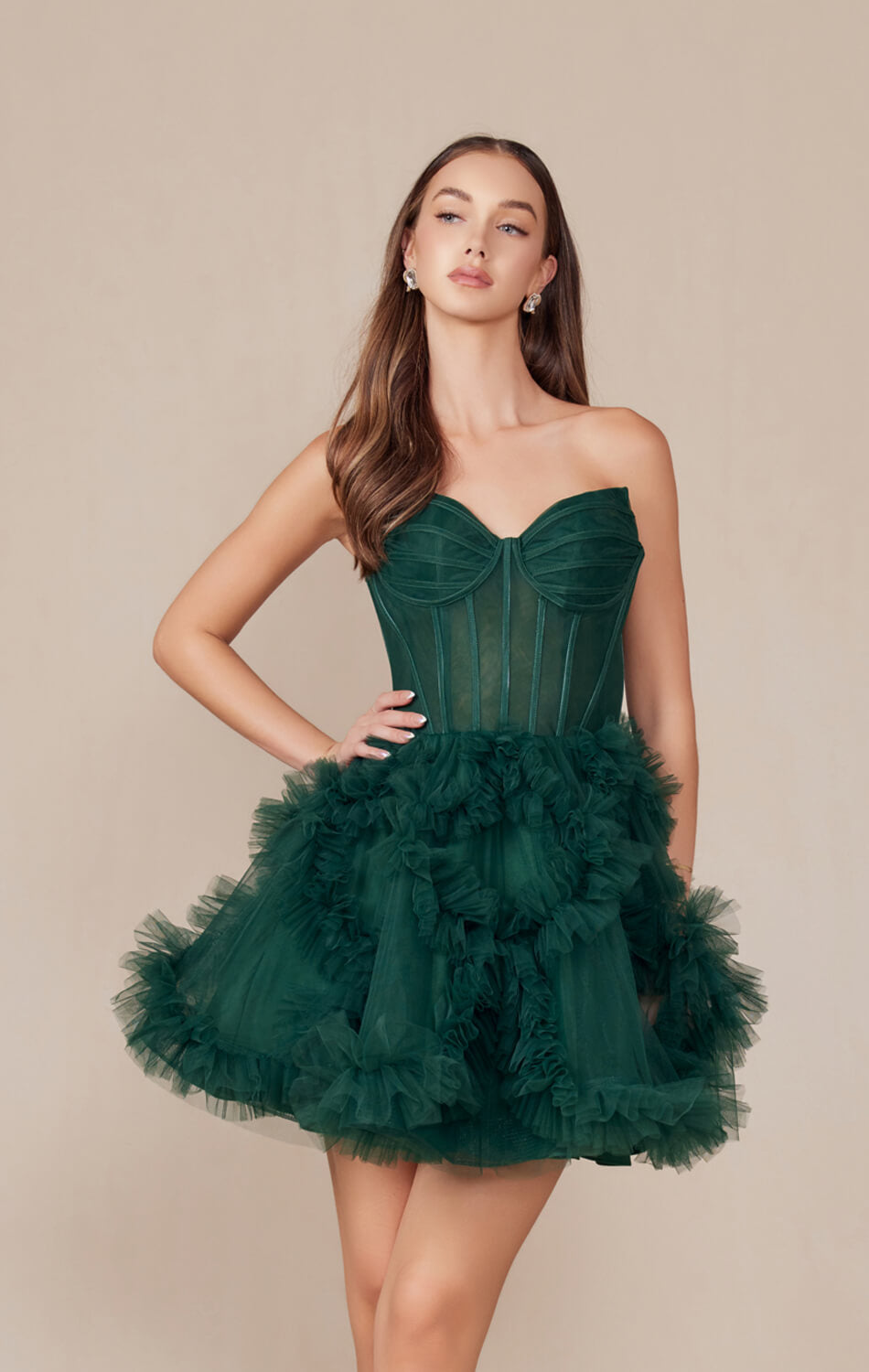 YVONNE RUFFLE SKIRT MINI DRESS - EMERALD