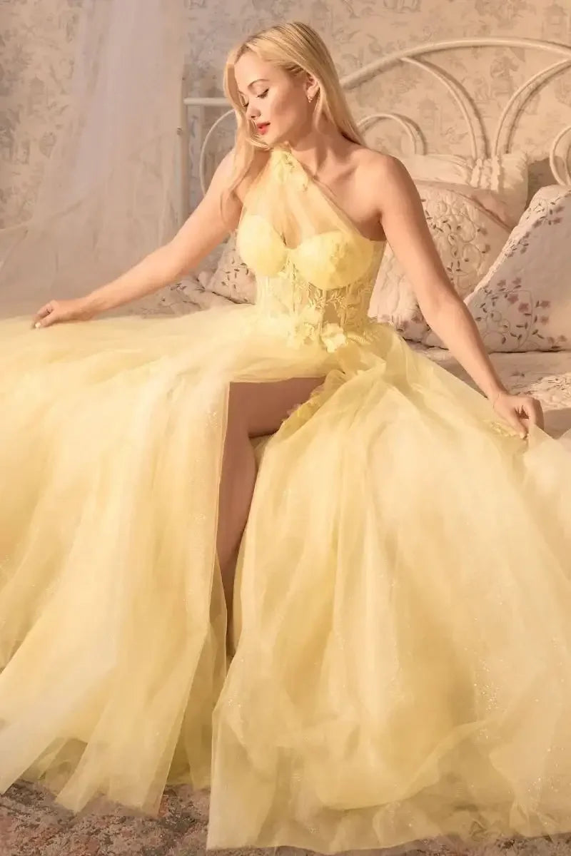 A1053 - Leila One Shoulder A-Line Tulle Gown with Floral Appliqué - Yellow - Andrea & Leo