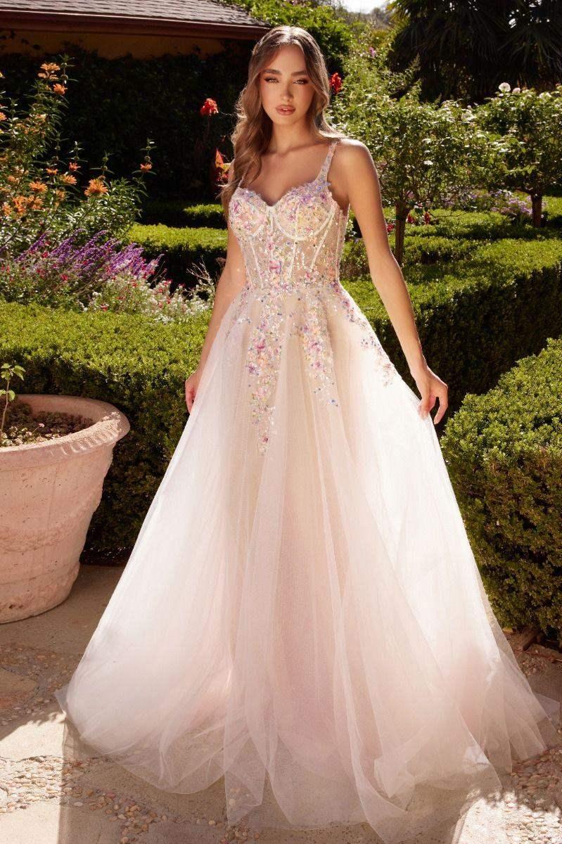 A1288 - A-LINE DRESS WITH MULTI COLORED FLORAL EMBELLISHMENT - ANDREA & LEO