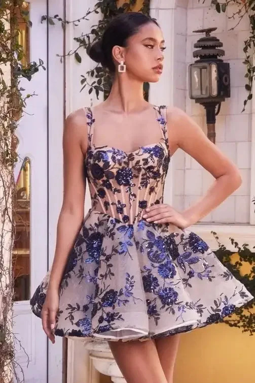 A1347 - SHORT SEQUIN FLORAL PRINT A-LINE DRESS - Andrea & Leo