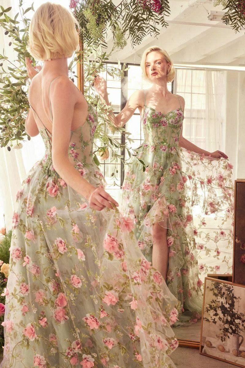 A1420 - SAGE FLORAL PRINT CORSET A-LINE DRESS - Andrea & Leo