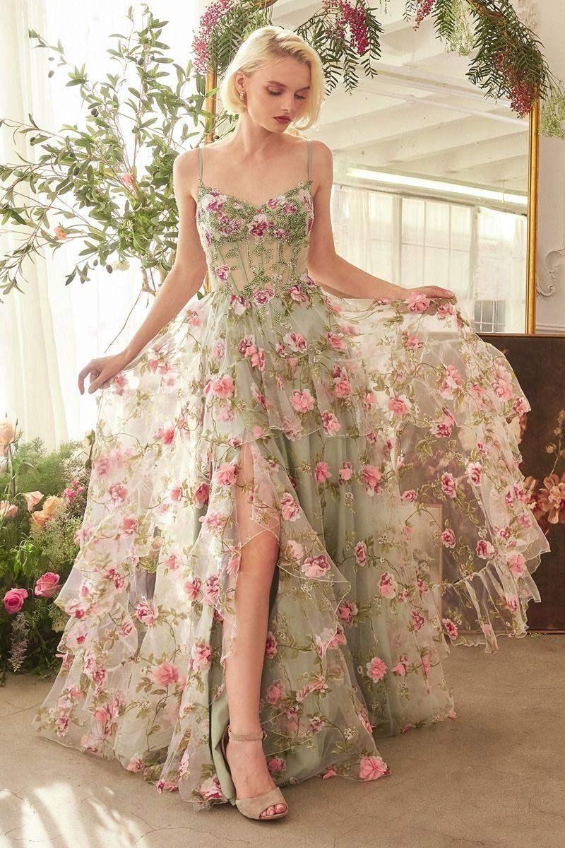 A1420 - SAGE FLORAL PRINT CORSET A-LINE DRESS - Andrea & Leo