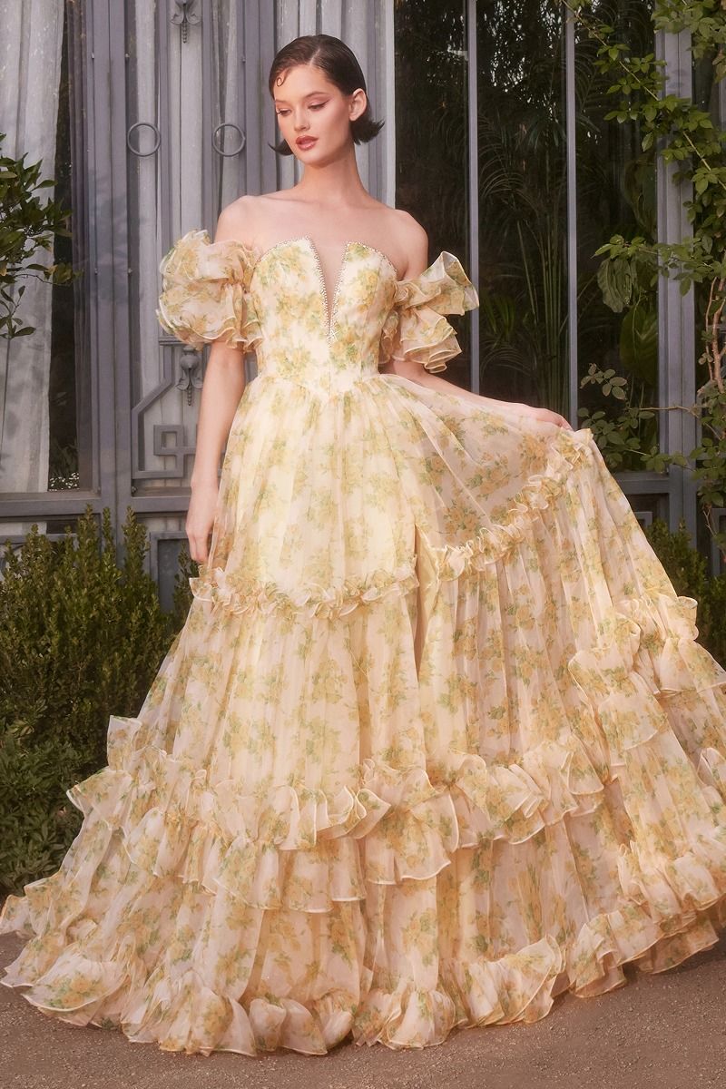 A1430 - STRAPLESS FLORAL PRINTED BALL GOWN - Andrea & Leo