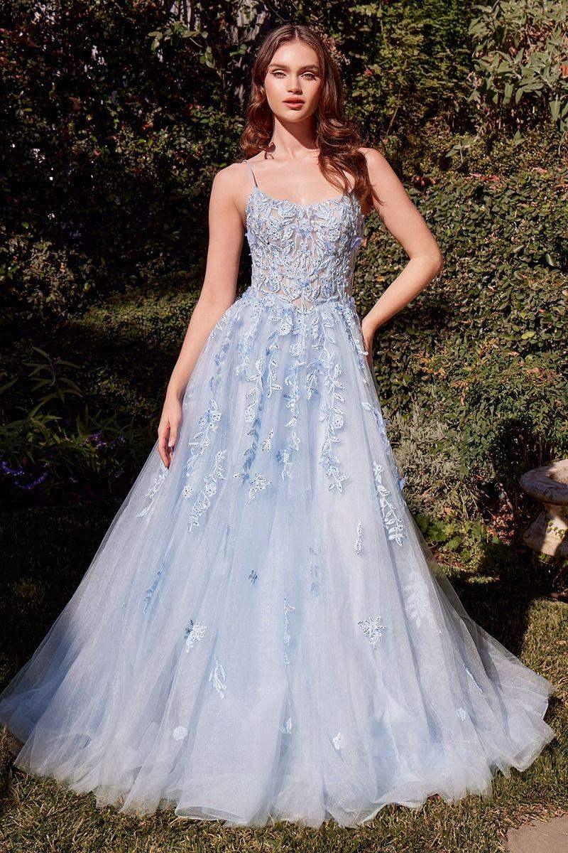 A1437 - LIGHT BLUE LEAF MOTIF APPLIQUED A-LINE DRESS - Andrea & Leo