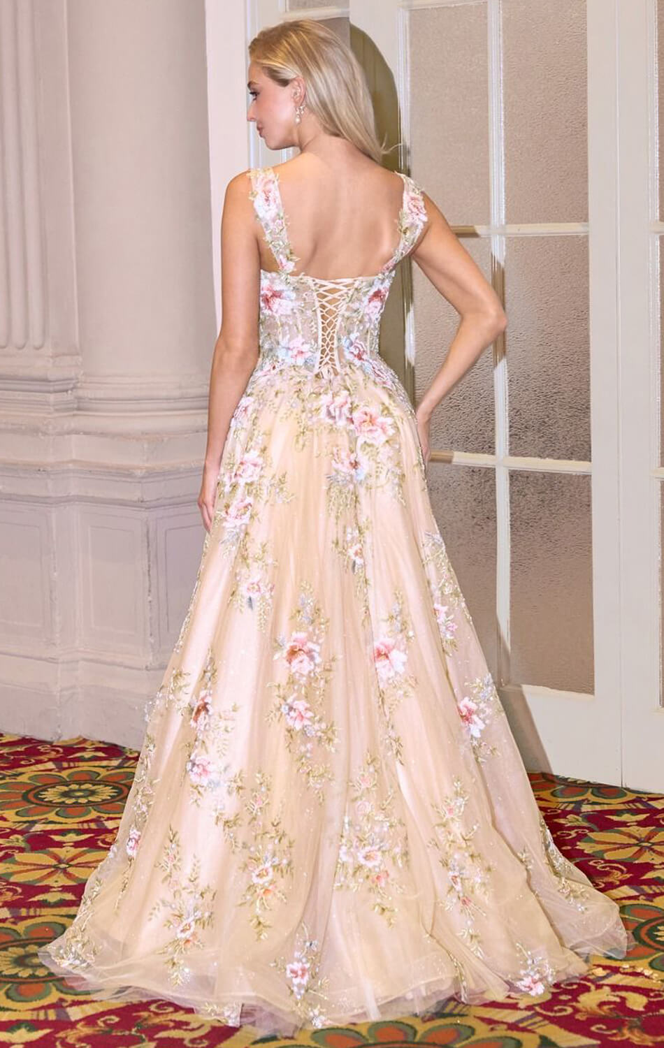 FLORAL GOWN WITH SQUARE NECKLINE