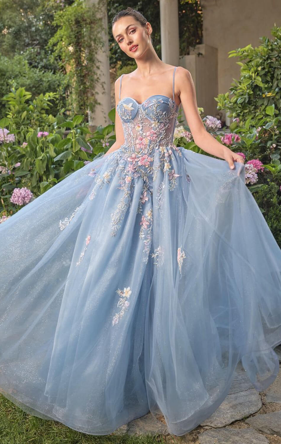 Light blue evening gown with floral embroidery