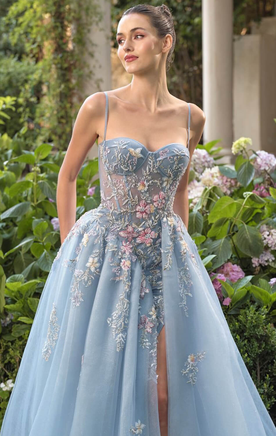 Light blue evening gown with floral embroidery