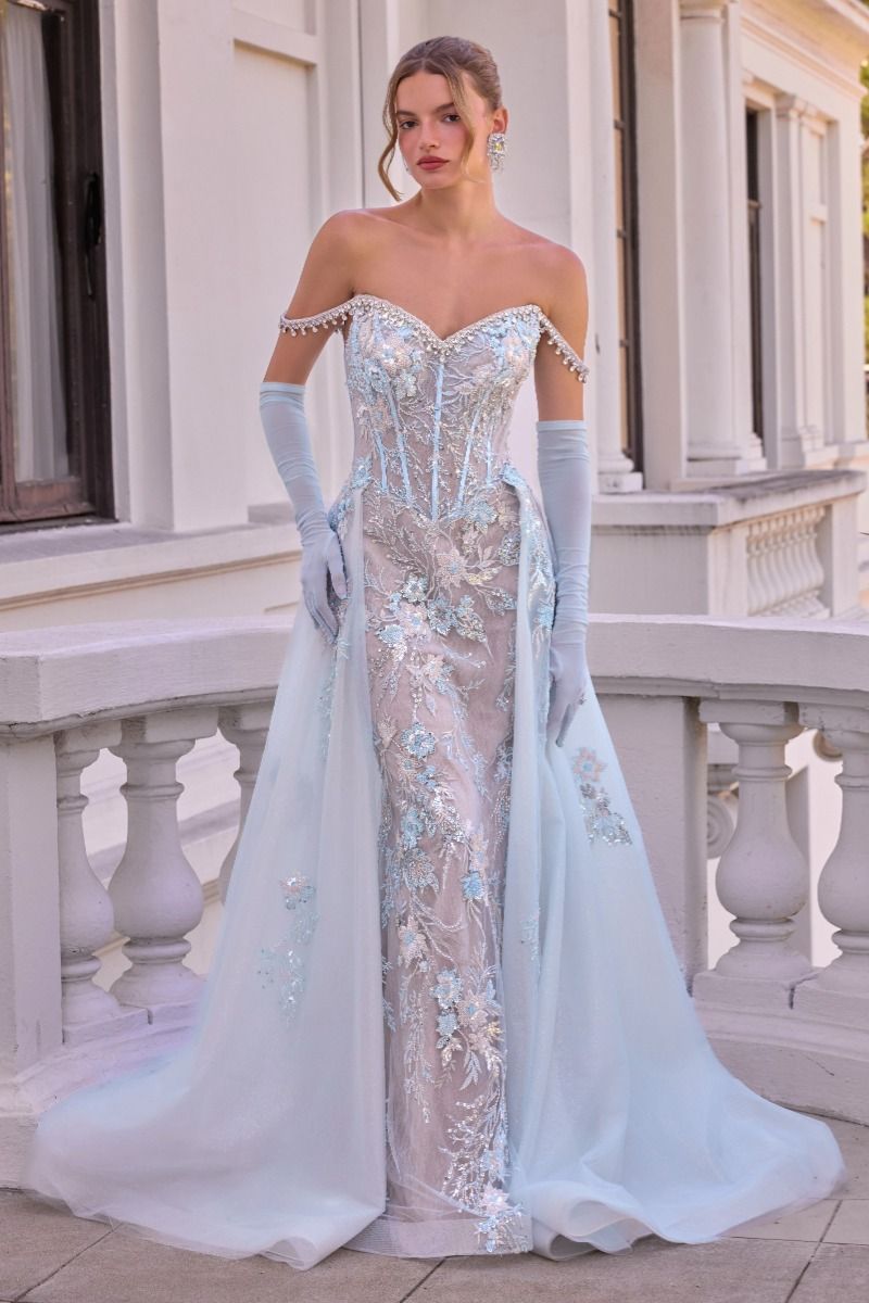 Andrea & Leo A1518 BLUE Fitted gown with flowing overskirt, Off-the-shoulder sweetheart neckline with beaded trim, and lace-up corset back