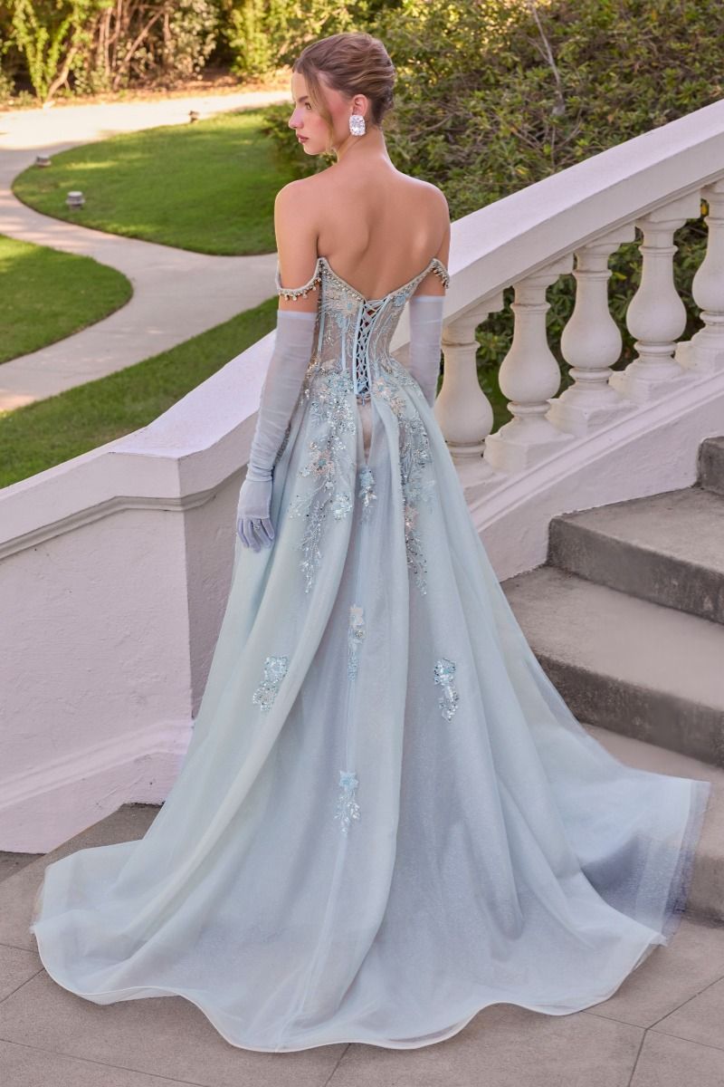 Andrea & Leo A1518 BLUE Fitted gown with flowing overskirt, Off-the-shoulder sweetheart neckline with beaded trim, and lace-up corset back