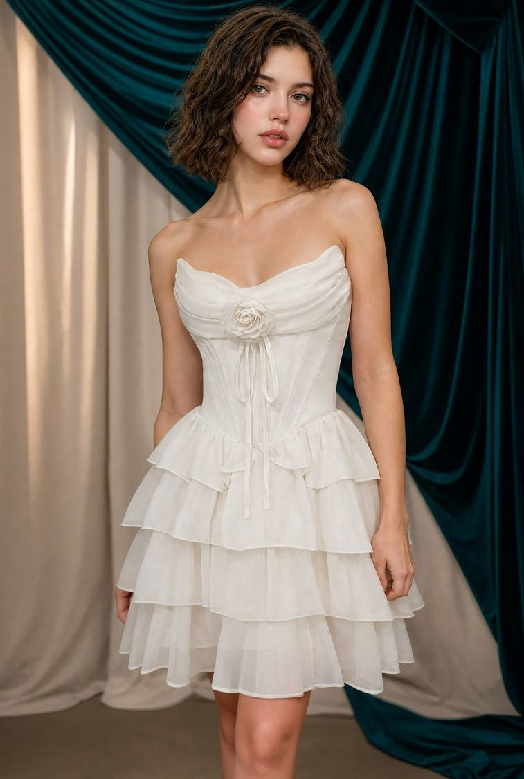 A1521 - Rosette Chiffon A-line Mini Dress - Andrea & Leo