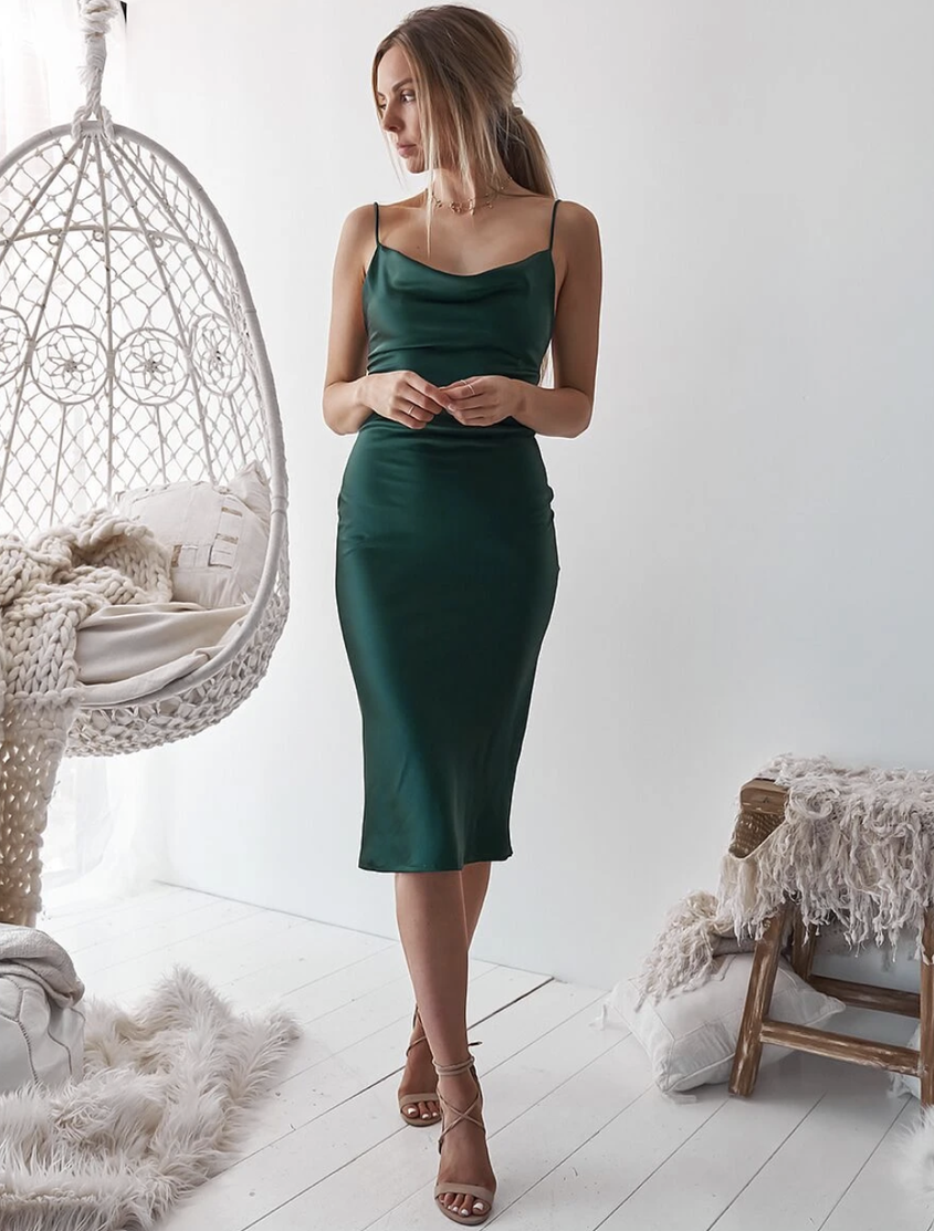 Elegant Aspen Midi Dress in Emerald Green Satin Lady Black Tie