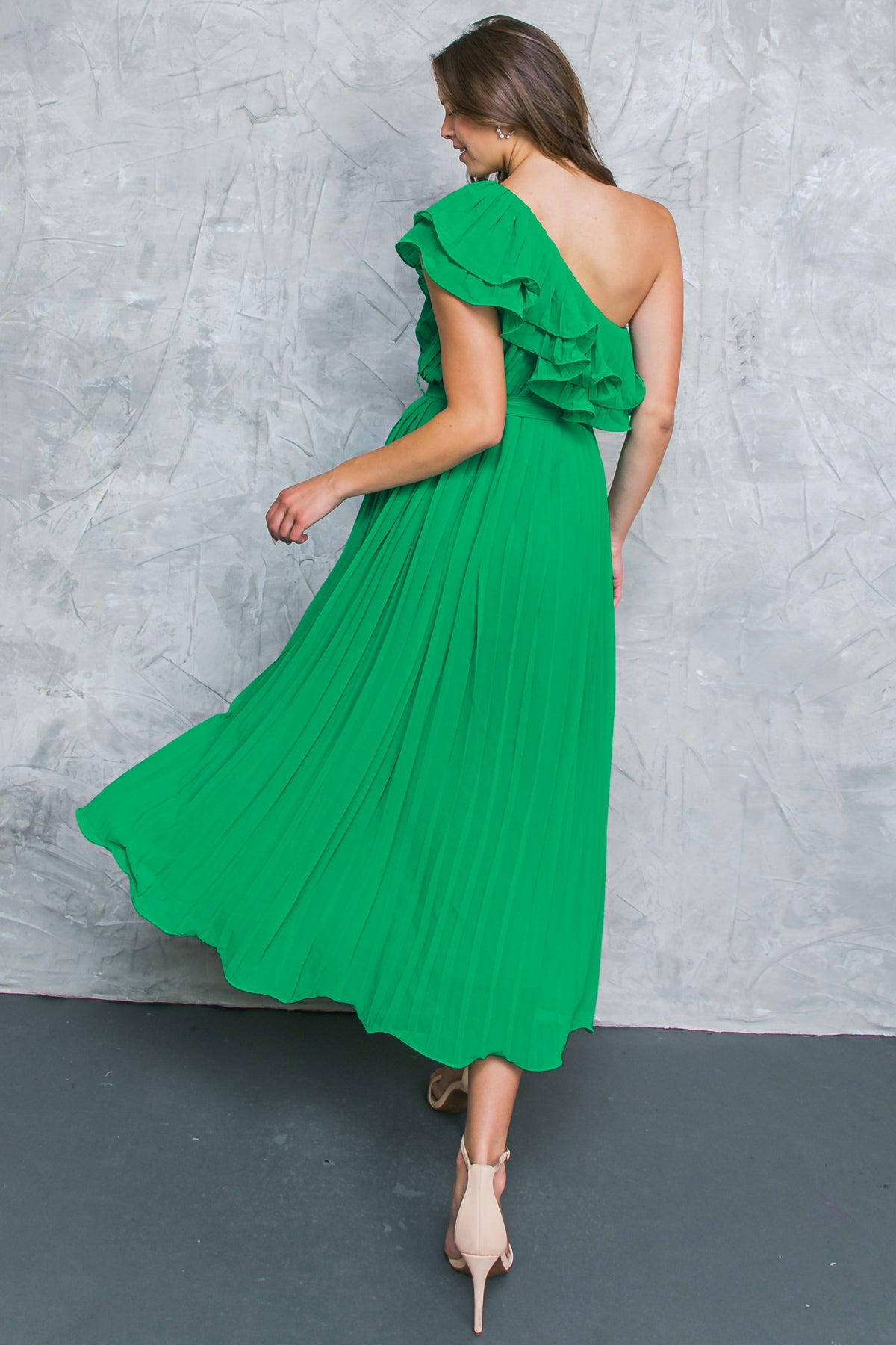 SUN-KISSED STYLE - GREEN - ONE SHOULDER RUFFLE MIDI DRESS