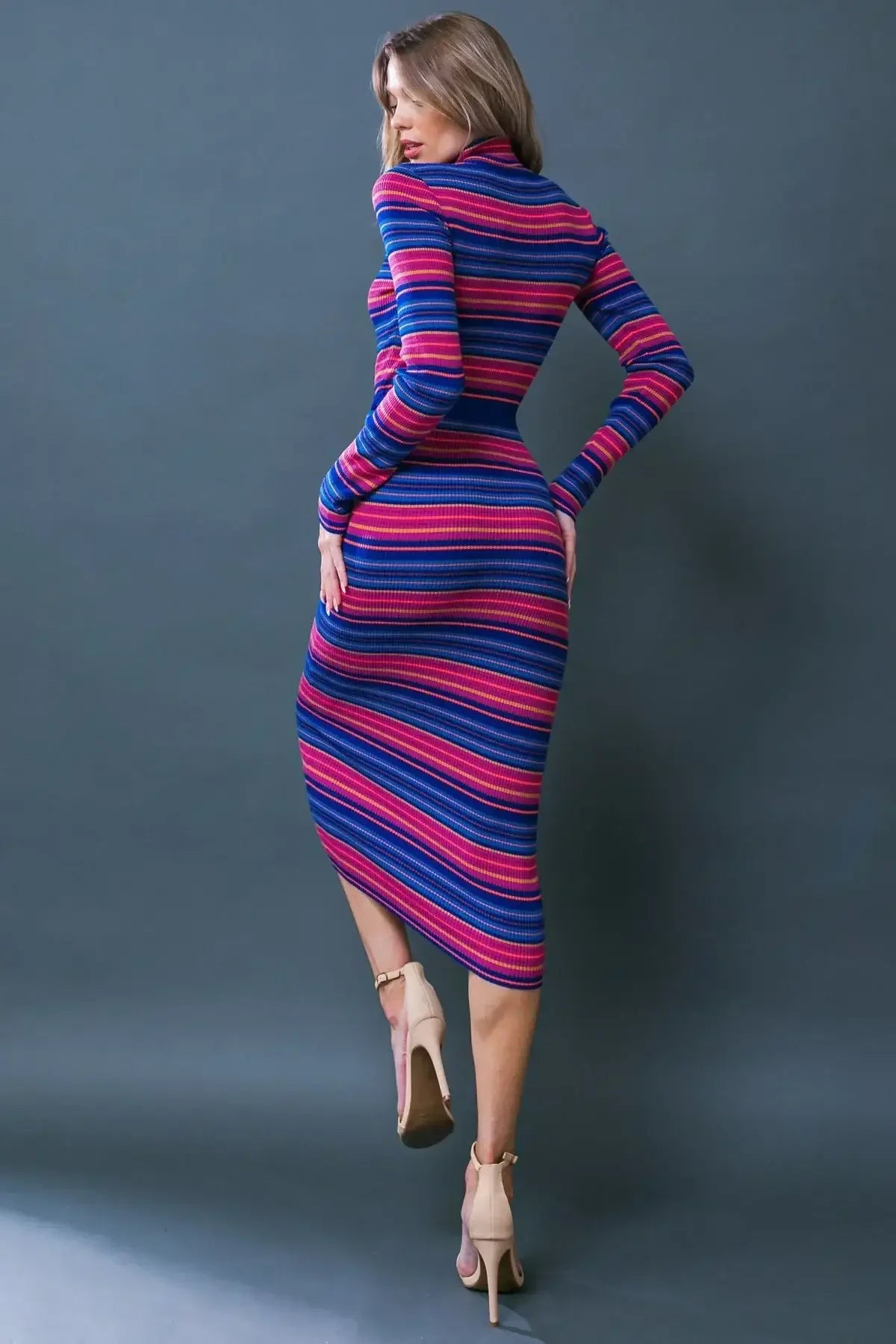 SWEATER WEATHER MIDI DRESS - BLUE & FUCHSIA STRIPE