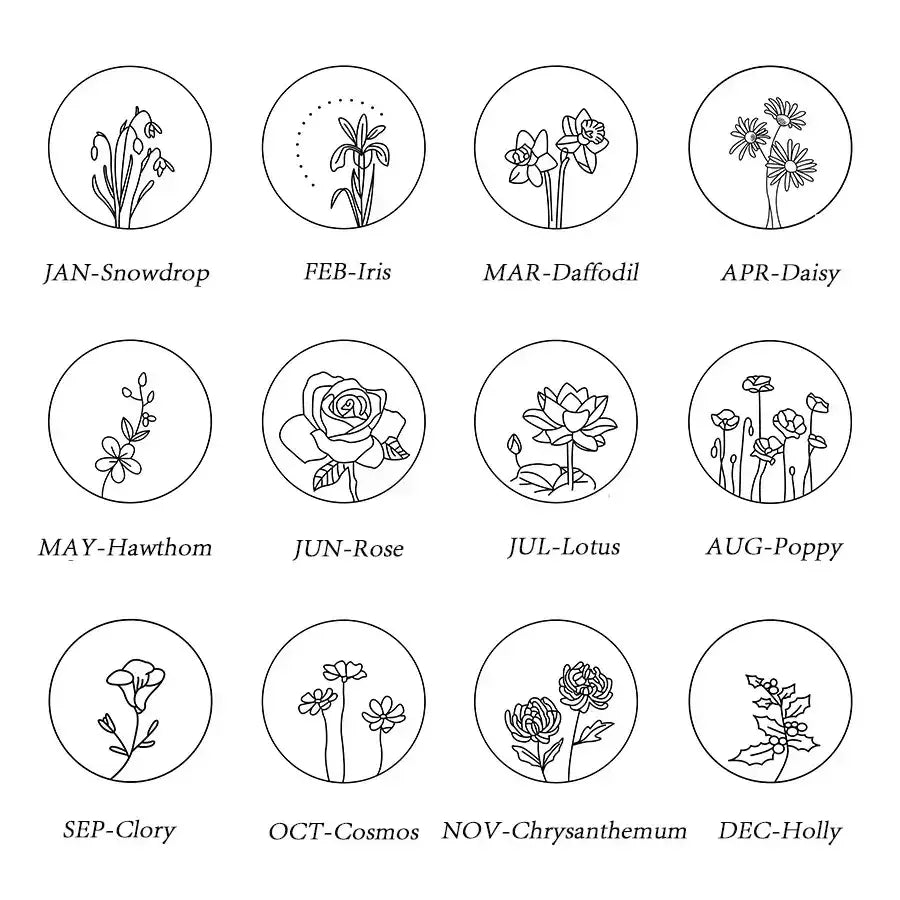 Twelve circular illustrations feature various flowers corresponding to each month, labeled with their names. Each flower is depicted with simple outlines against a minimal background.