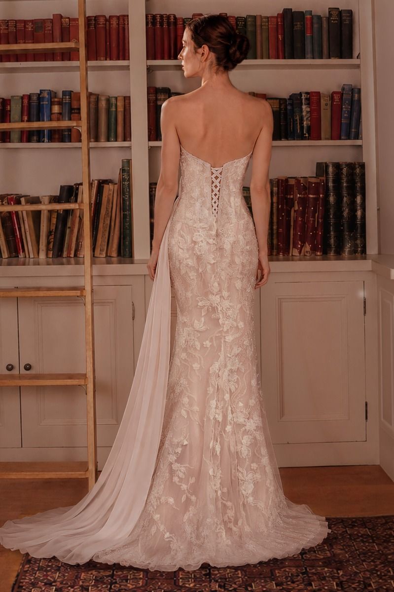 Alessa Gown - Lace Bridal Gown with Chiffon Train | Lady Black Tie | Ladivine CB168W OFF WHITE NUDE Fitted bridal gown with sweetheart neckline, floral lace applique, delicate beadwork, and asymmetrical draped chiffon detailing, and lace-up corset back