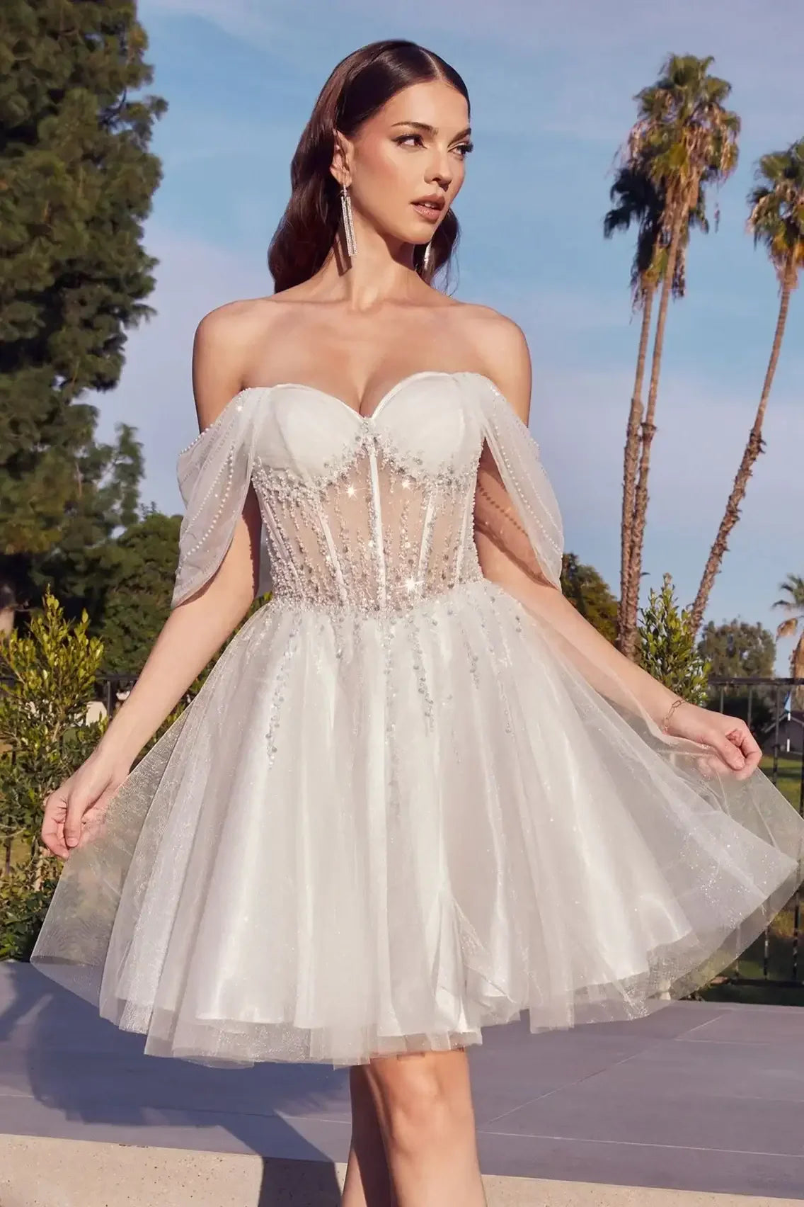 OLIVIA MINI DRESS - OFF THE SHOULDER EMBELLISHED A-LINE SHORT DRESS