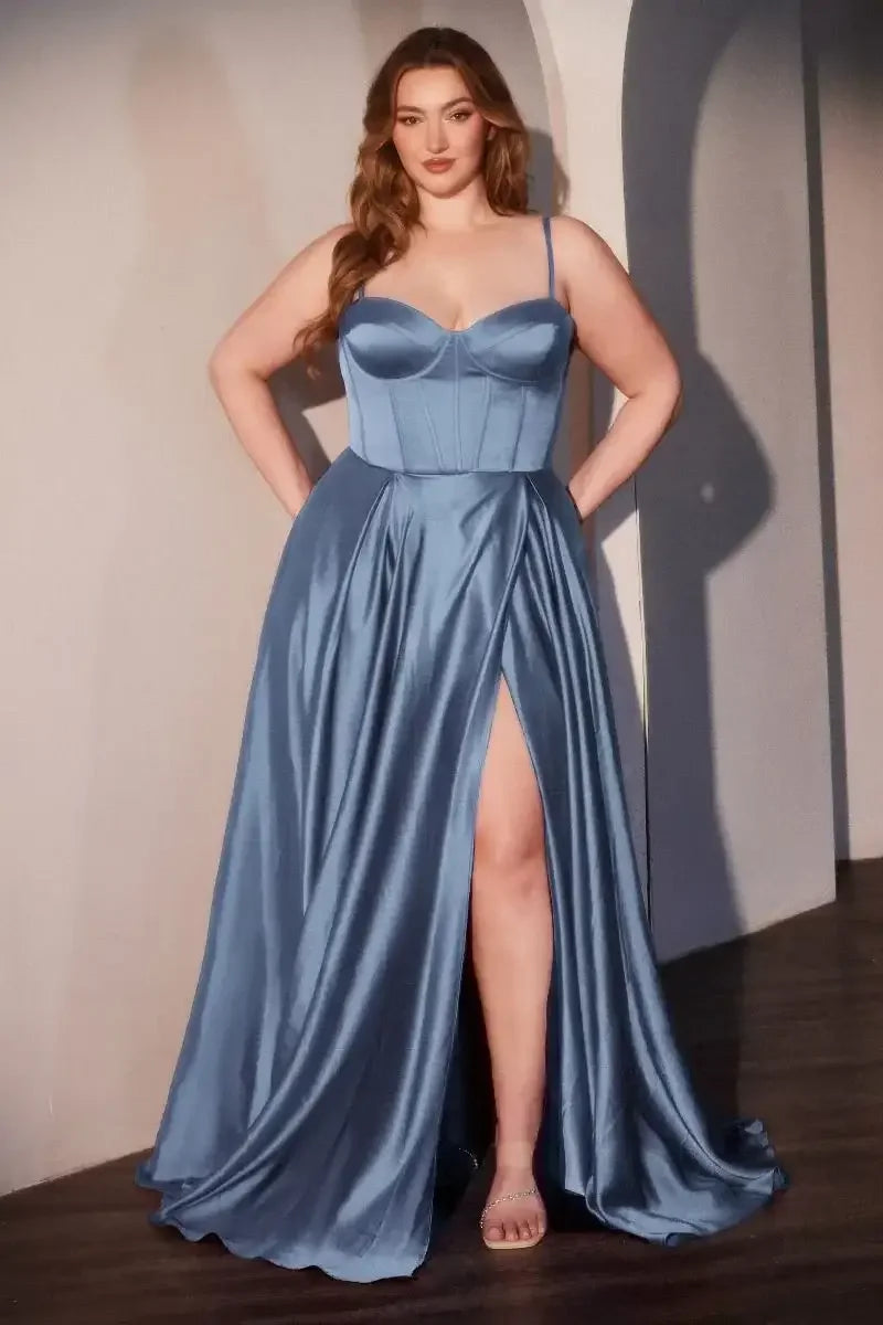 SELMA GOWN - SMOKY BLUE - A-LINE LUXE SATIN BUSTIER DRESS
