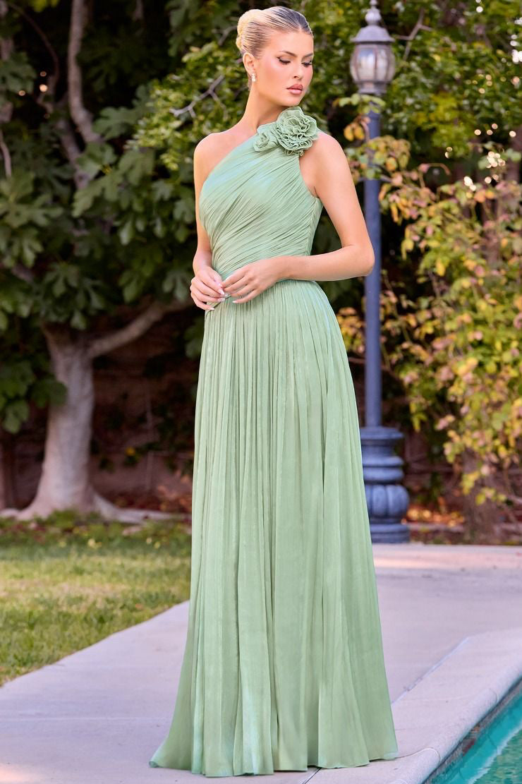 Lady Black Tie - Minna Gown - Rosette One Shoulder A-line Shimmer Chiffon Dress