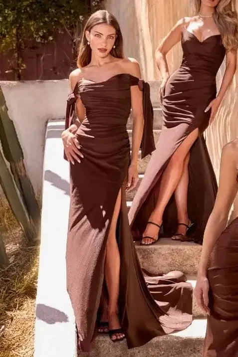 Amber Gown - Espresso - Off Shoulder Stretch Spandex Satin Dress With Ties