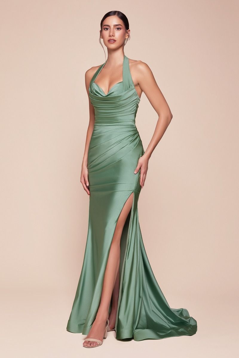 Autumn Gown - Stretch Spandex Satin Halter Fitted Dress