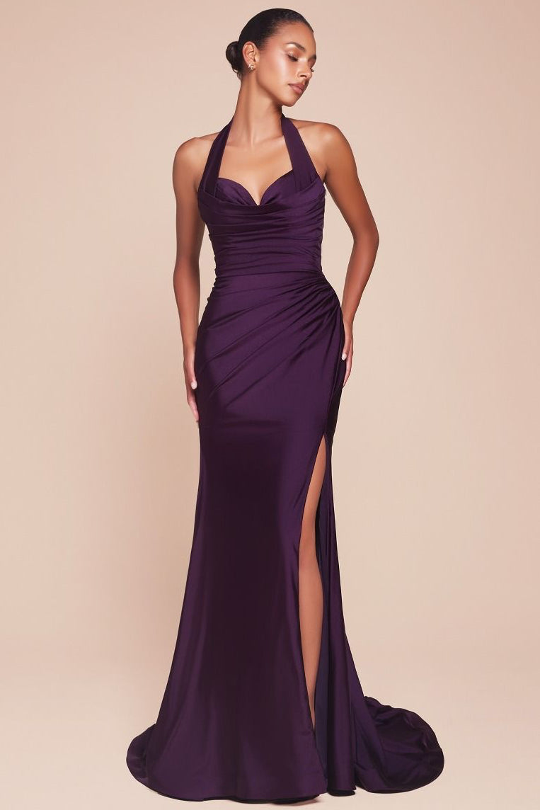Autumn Gown - Stretch Spandex Satin Halter Fitted Dress