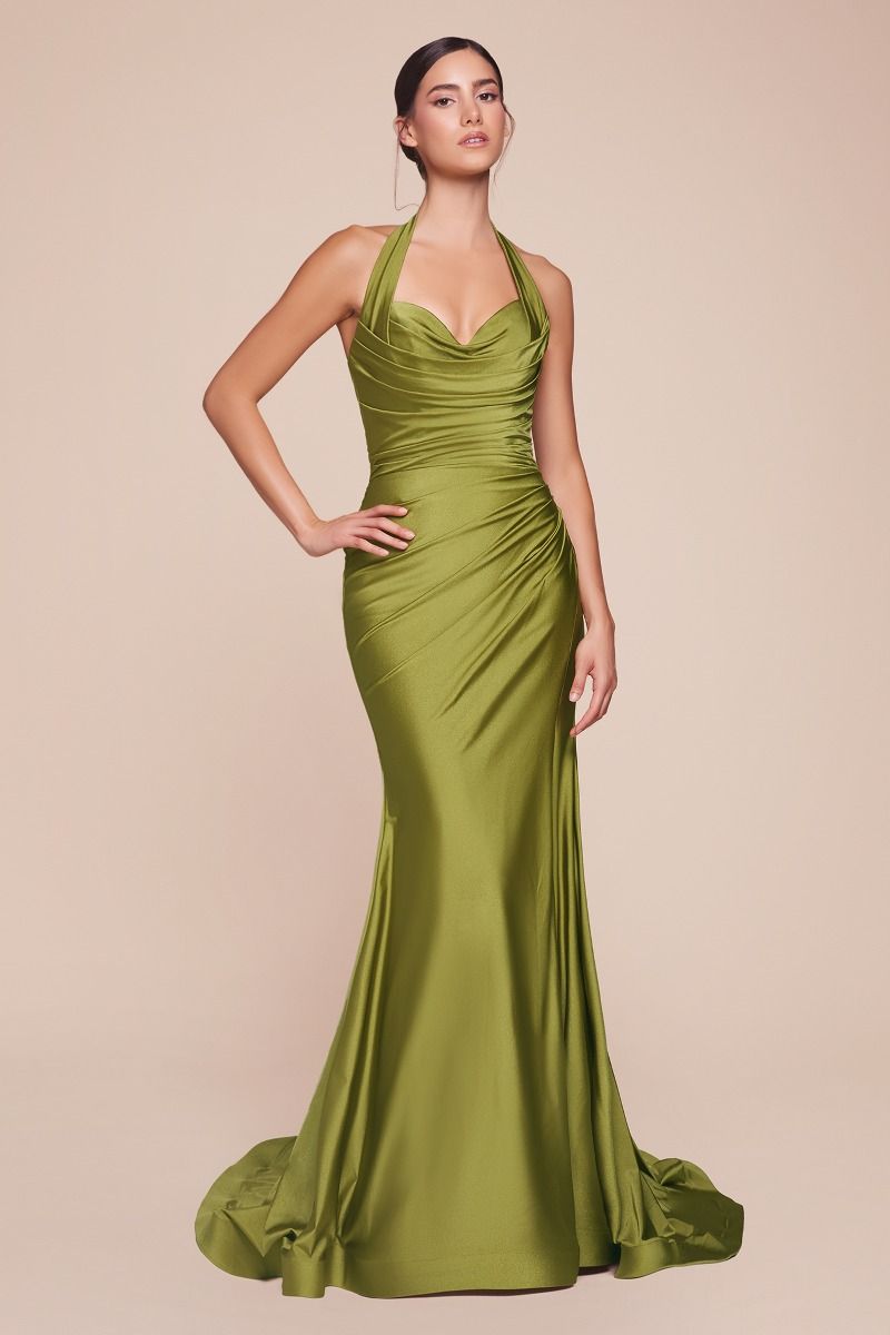 Autumn Gown - Stretch Spandex Satin Halter Fitted Dress
