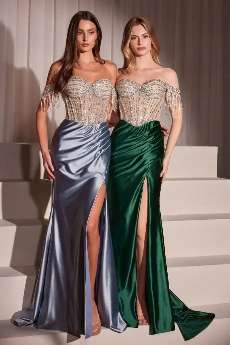 LANA GOWN - EMBELLISHED OFF THE SHOULDER SATIN GOWN