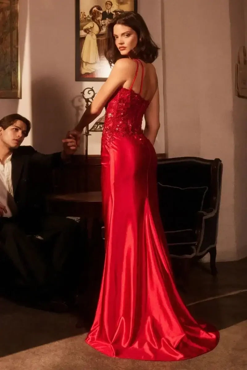 GIOVANNA GOWN - ONE SHOULDER SATIN DRESS WITH LACE APPLIQUÉ