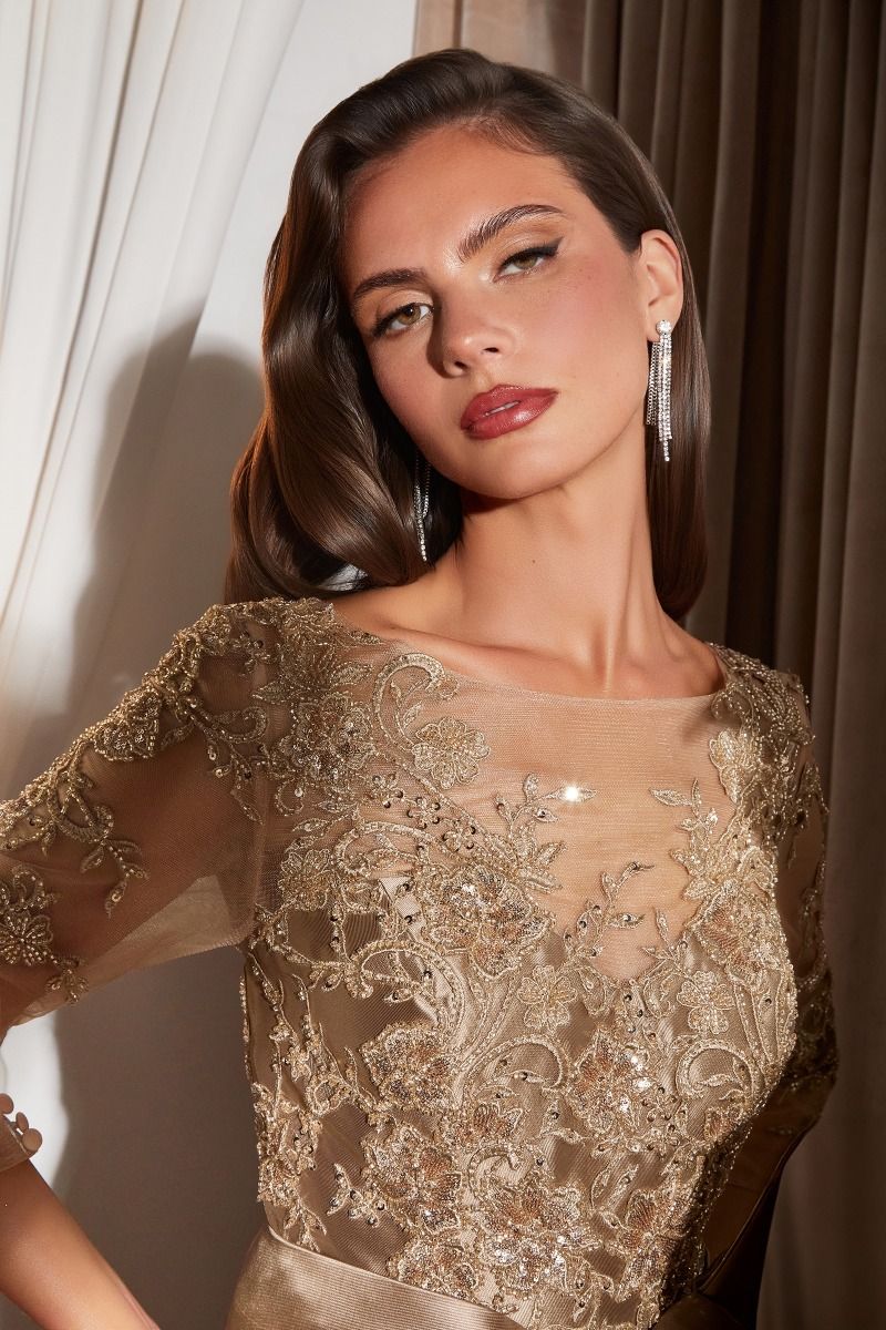 Cassandra Gown - Beaded Mikado Dress With Sheer Sleeves