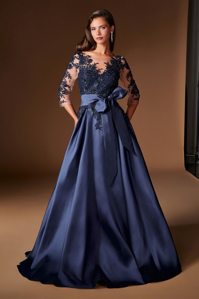 Cassandra Gown - Beaded Mikado Dress With Sheer Sleeves