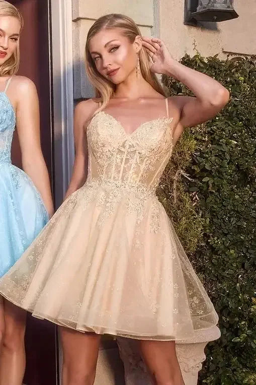 JOLEEN MINI DRESS - FLORAL LACE & TULLE A-LINE COCKTAIL DRESS