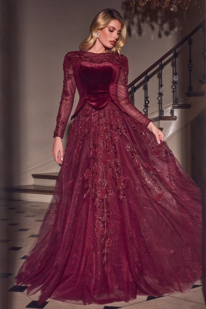 Ladivine CM394 BURGUNDY A-line gown, Illusion scoop neckline with sheer embellished long sleeves, sculpted velvet bodice, and basque-inspired waist, and Full floor-length