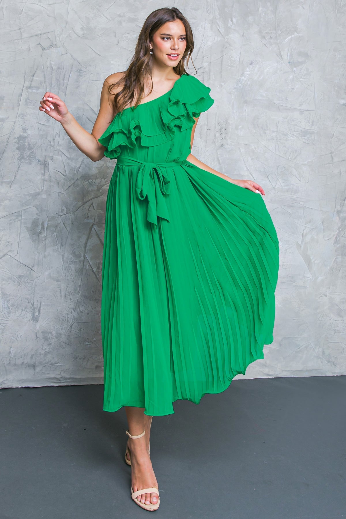SUN-KISSED STYLE - GREEN - ONE SHOULDER RUFFLE MIDI DRESS