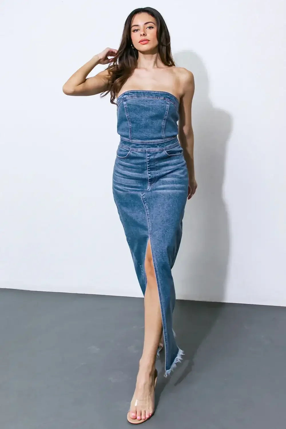 Roux Strapless Washed Denim Midi Dress