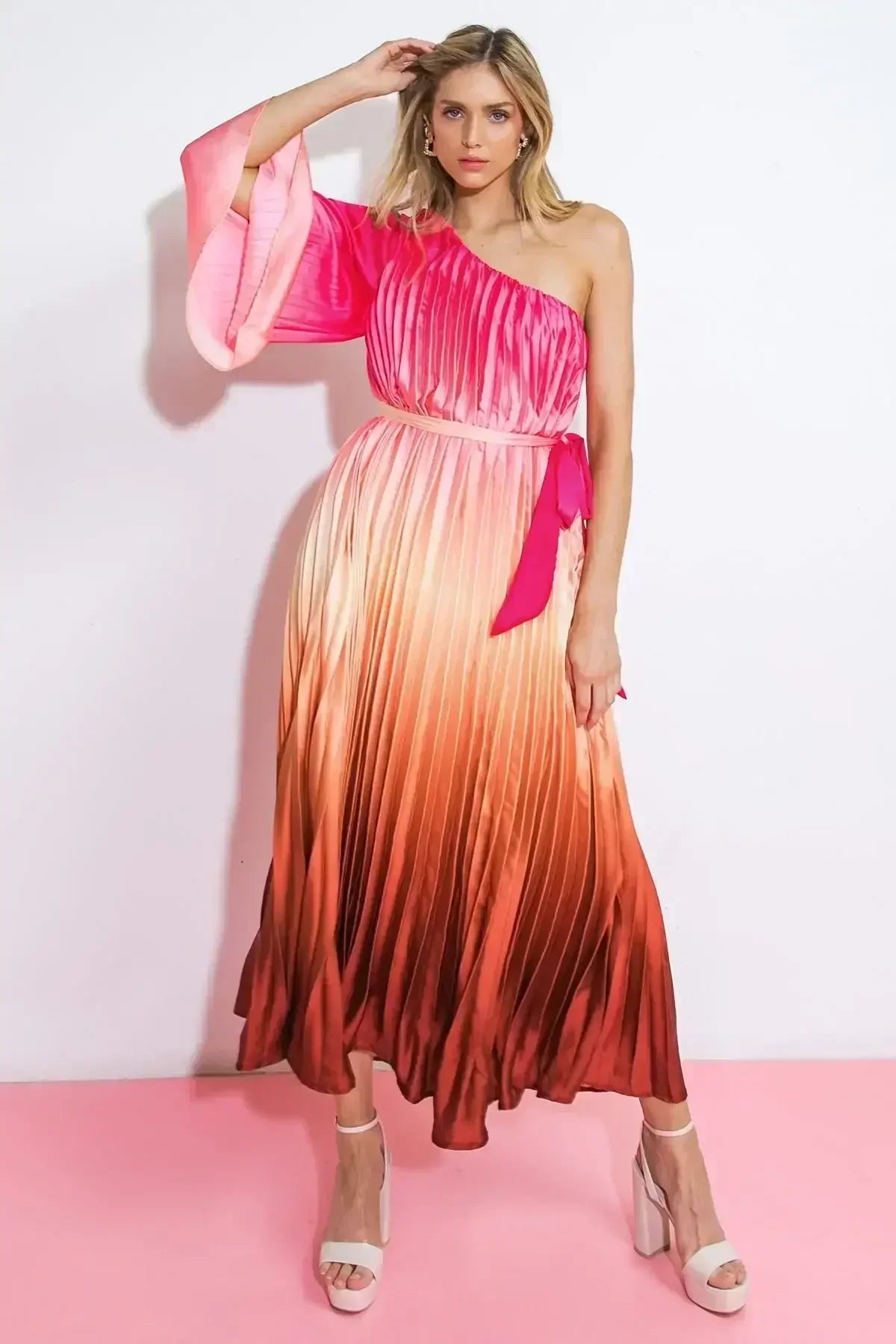 Midi dress with a one shoulder neckline, pleated long sleeves