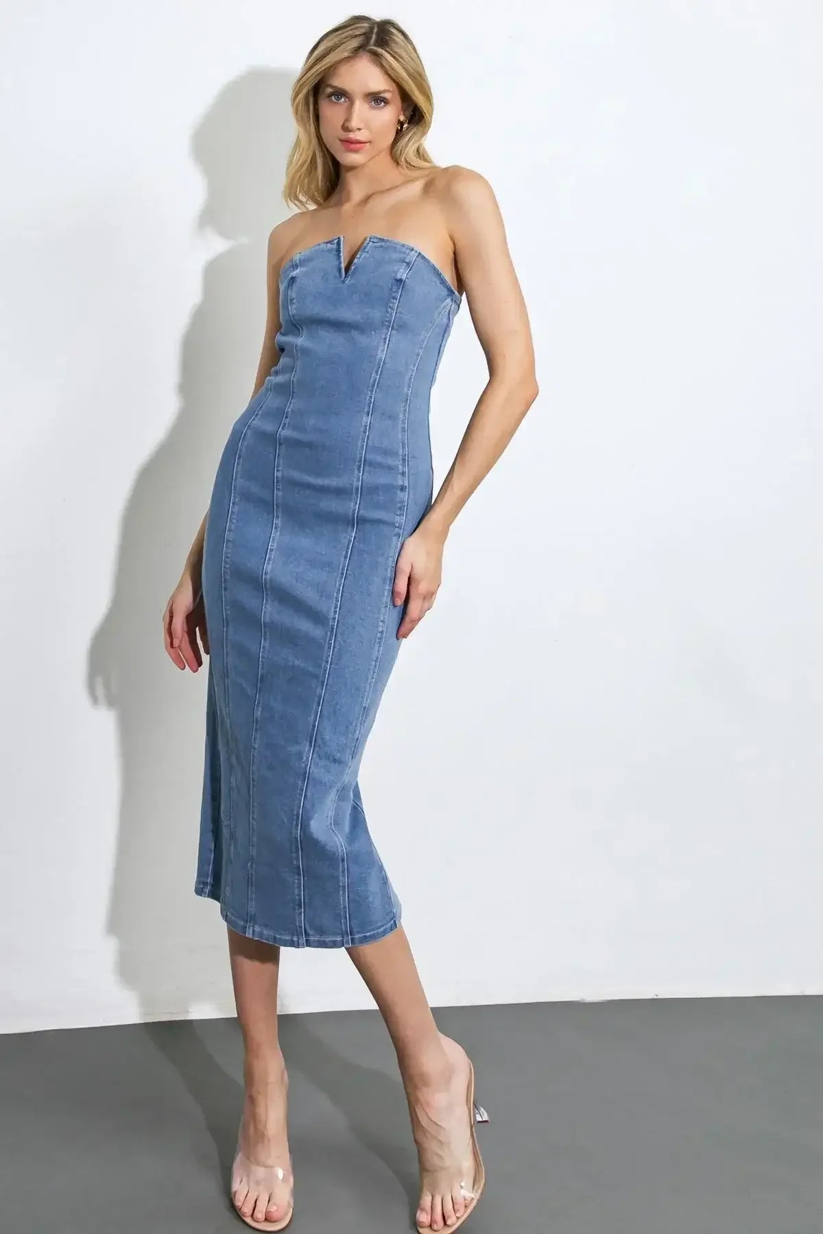 DIVINE DREAM STRAPLESS DENIM MIDI DRESS