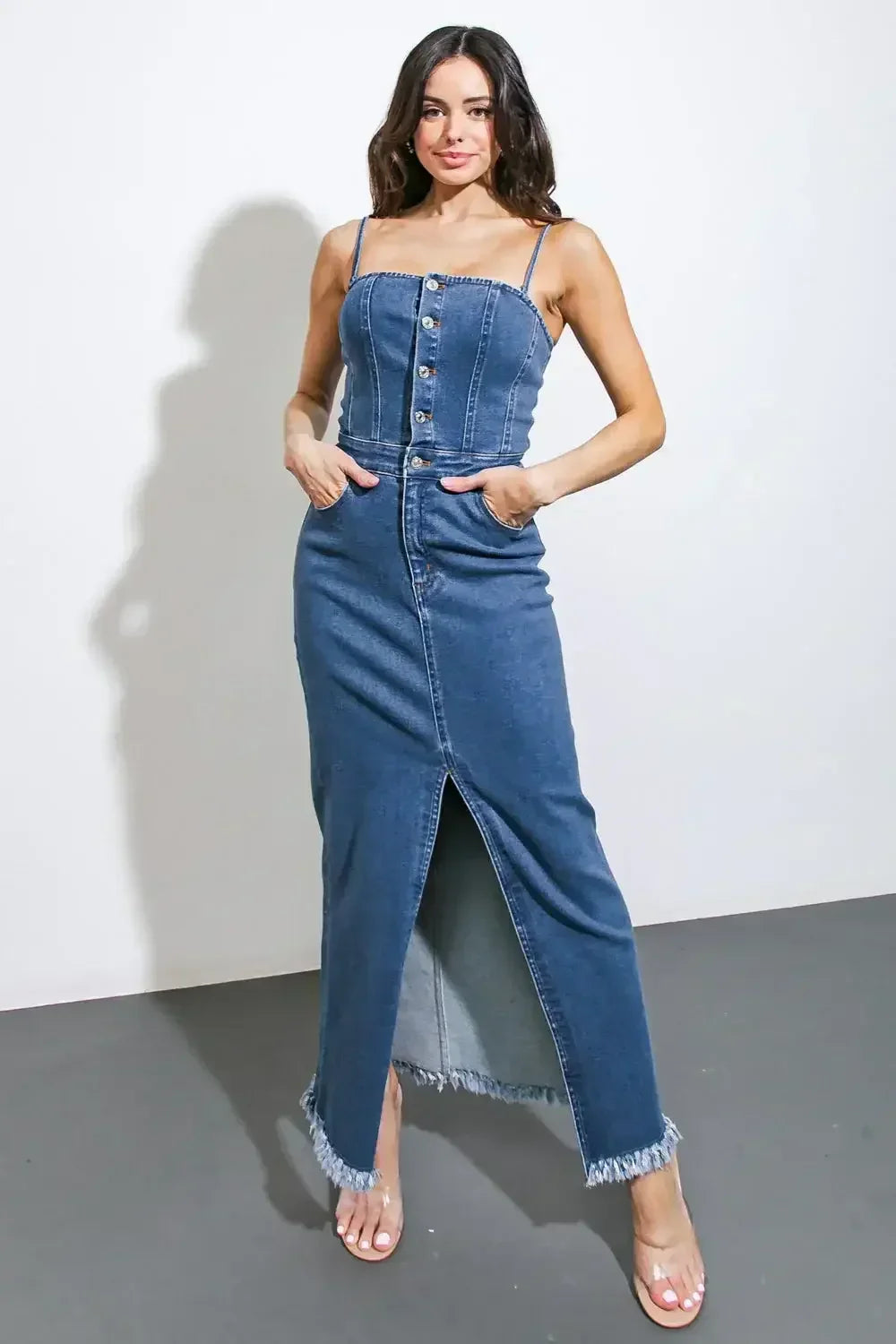 ENDLESS HORIZONS - FRONT BUTTON DENIM MIDI DRESS
