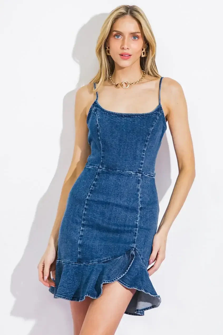 FIRST TO KNOW - RUFFLE HEM TIE BACK DENIM MINI DRESS