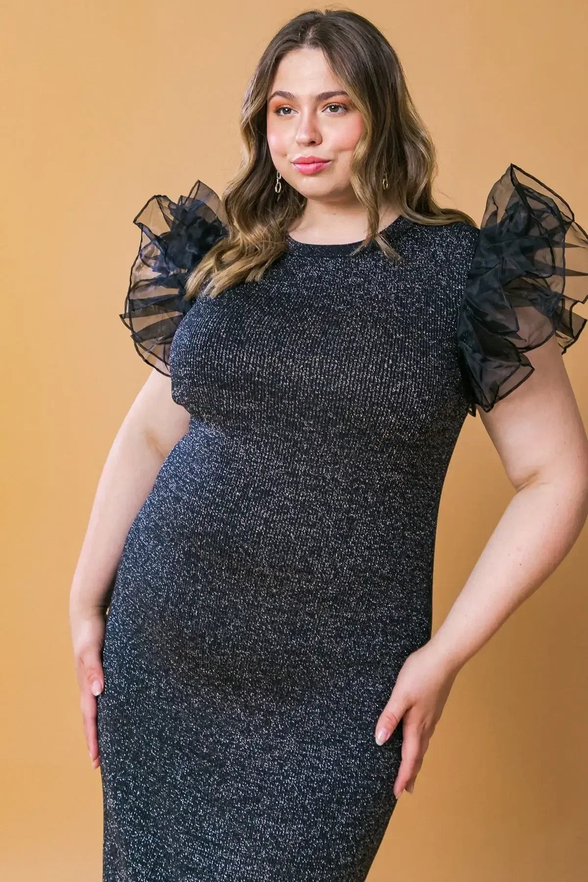 VOLUMINOUS POWER METALLIC BLACK MIDI DRESS