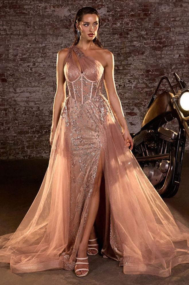 ODYSSEY GOWN - ONE SHOULDER GLITTER DRESS WITH OVERSKIRT