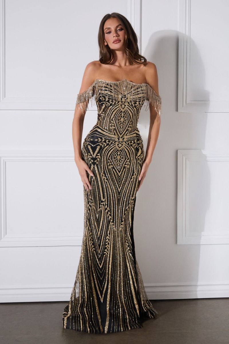 black and gold off the shoulder dress Alyce Metallic Off Shoulder Prom Dress 61699 main image 1