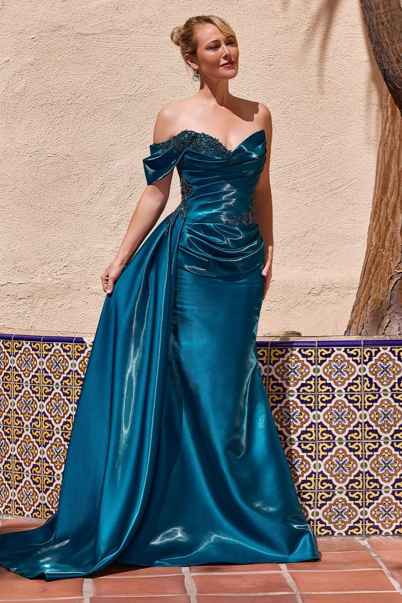 Ladivine J916 PEACOCK Fitted mermaid prom gown, sweetheart bodice with asymmetrical one-shoulder and off-the-shoulder detailing, beaded accents, and draped satin sash, and Perfect for weddings, or special occasions