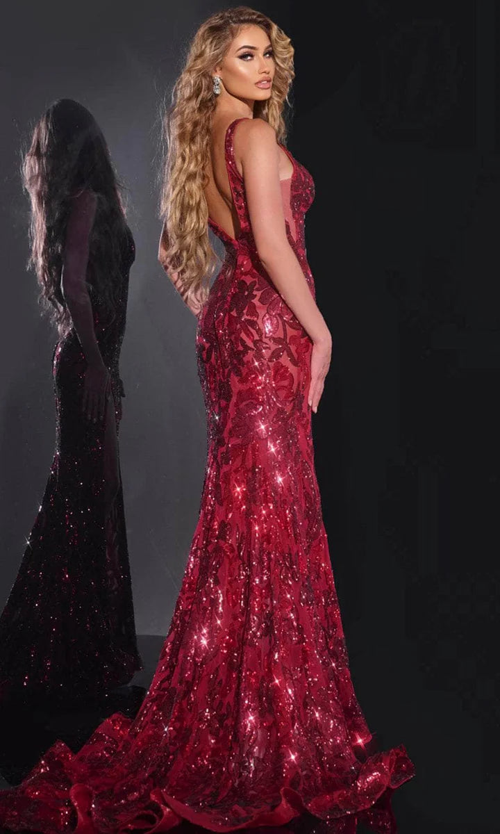 40757 - Jovani - Burgundy Floral Sequin Gown