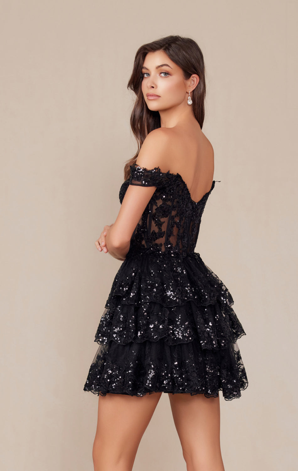 BRENNA MINI DRESS - BLACK - OFF SHOULDER TIERED SHORT DRESS