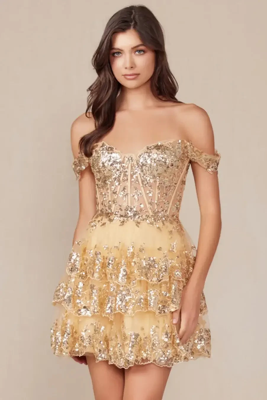 BRENNA MINI DRESS - GOLD - OFF SHOULDER TIERED SHORT DRESS