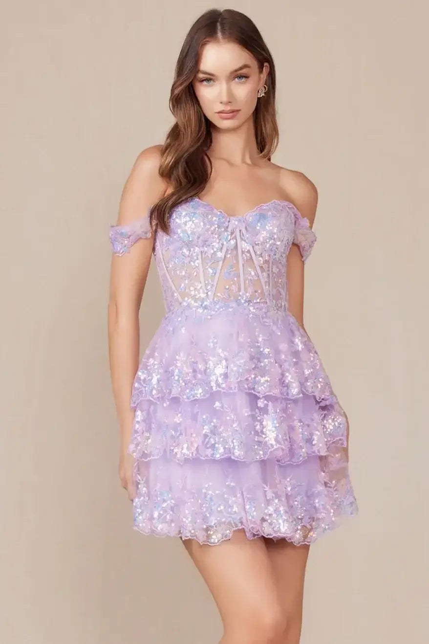 BRENNA MINI DRESS - LILAC - OFF SHOULDER TIERED SHORT DRESS